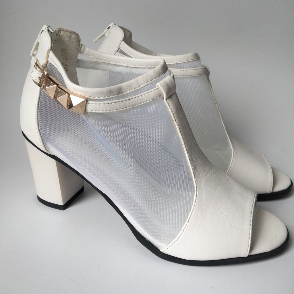 Giày Sandal Cao Gót Mùa Hè Hở Ngón Có Dây Kéo Sau Lưng Màu Hồng Trắng