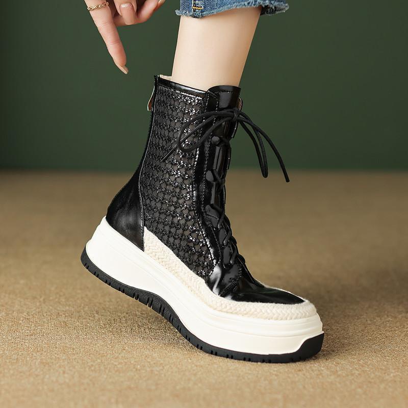 Giày Bốt Da Đế Dày Phối Lưới Thoáng Khí Thời Trang Cho Nữ