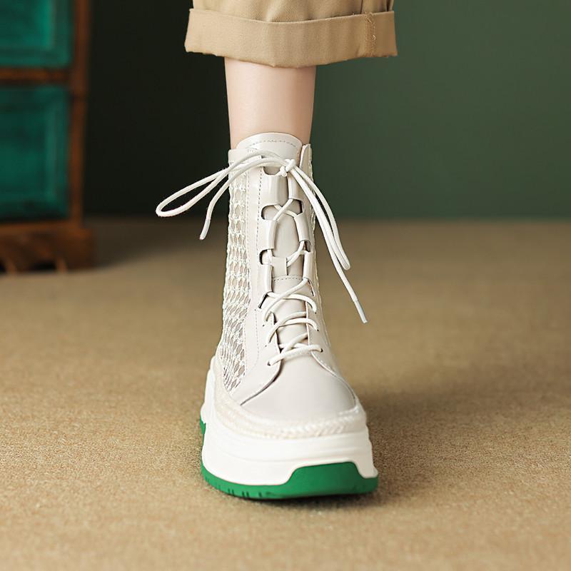 Giày Bốt Da Đế Dày Phối Lưới Thoáng Khí Thời Trang Cho Nữ