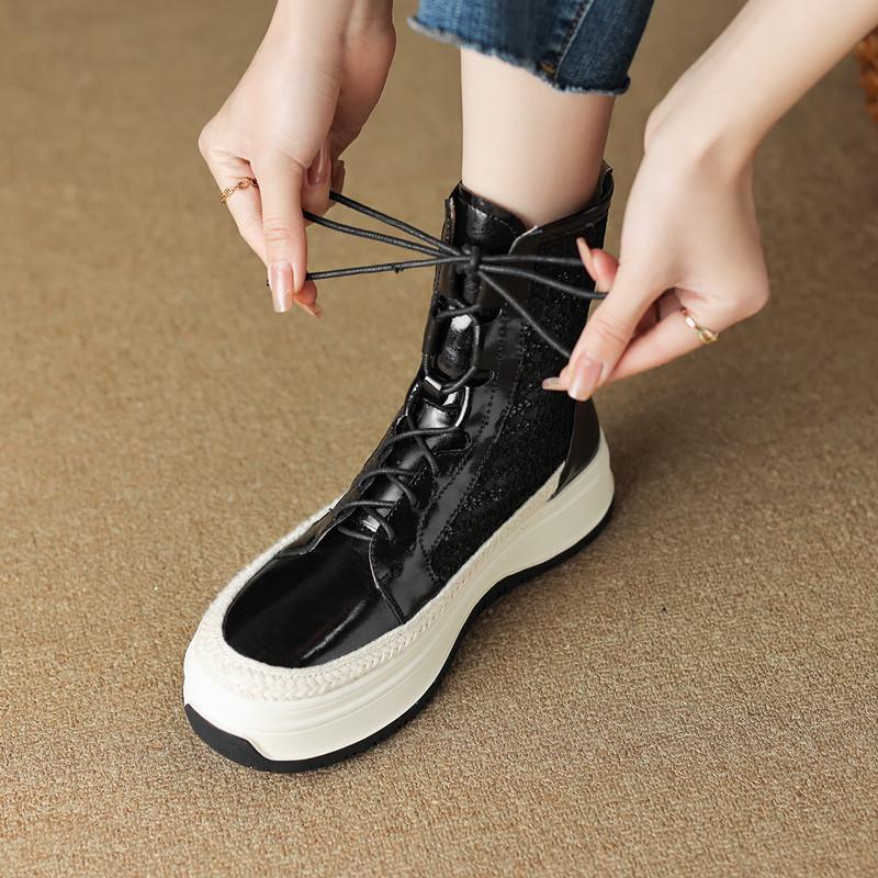 Giày Bốt Da Đế Dày Phối Lưới Thoáng Khí Thời Trang Cho Nữ