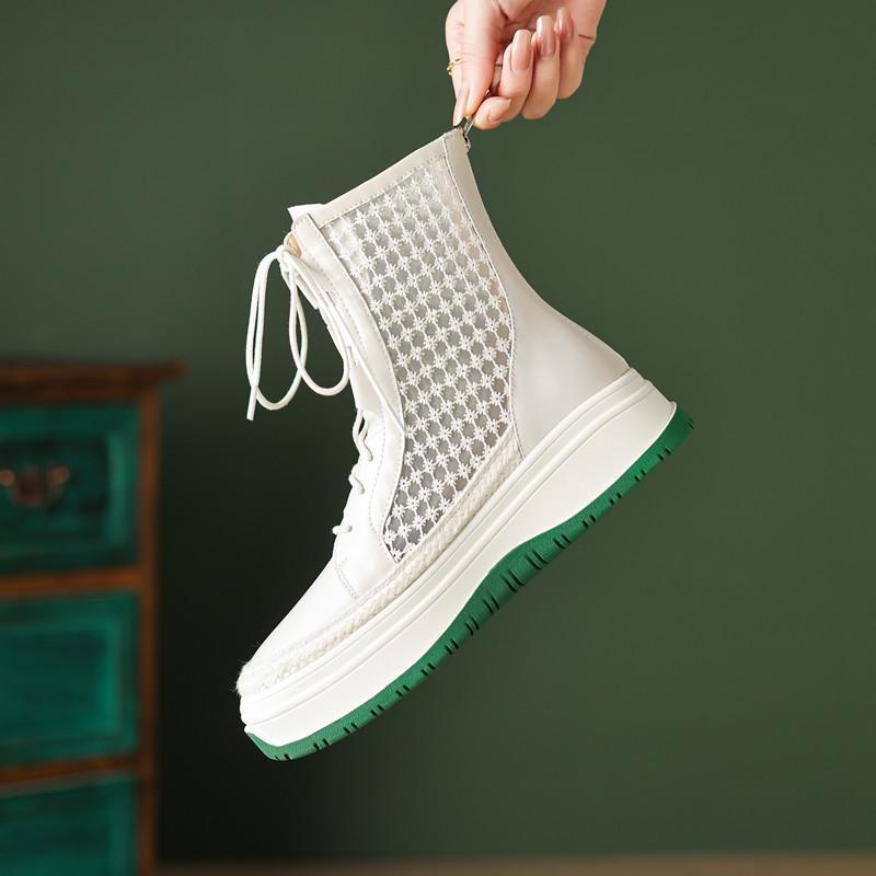 Giày Bốt Da Đế Dày Phối Lưới Thoáng Khí Thời Trang Cho Nữ