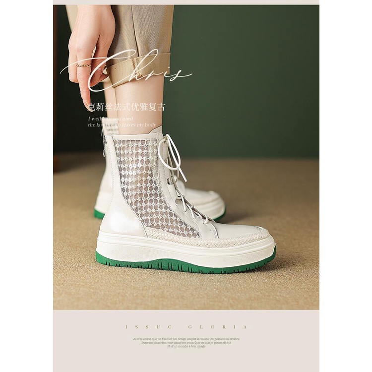 Giày Bốt Da Đế Dày Phối Lưới Thoáng Khí Thời Trang Cho Nữ