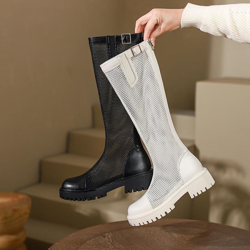 Giày Bốt Đen Cổ Cao Đế Dày Buộc Dây Phối Lưới Thời Trang Mùa Hè 2023 Cho Nữ