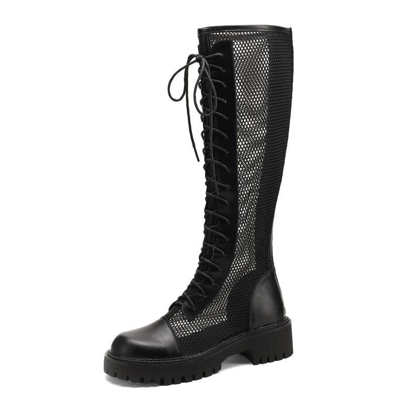 Giày Bốt Đen Cổ Cao Đế Dày Buộc Dây Phối Lưới Thời Trang Mùa Hè 2023 Cho Nữ