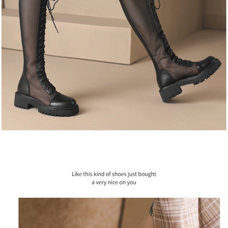 Giày Bốt Đen Cổ Cao Đế Dày Buộc Dây Phối Lưới Thời Trang Mùa Hè 2023 Cho Nữ