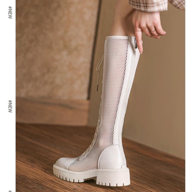 Giày Bốt Đen Cổ Cao Đế Dày Buộc Dây Phối Lưới Thời Trang Mùa Hè 2023 Cho Nữ