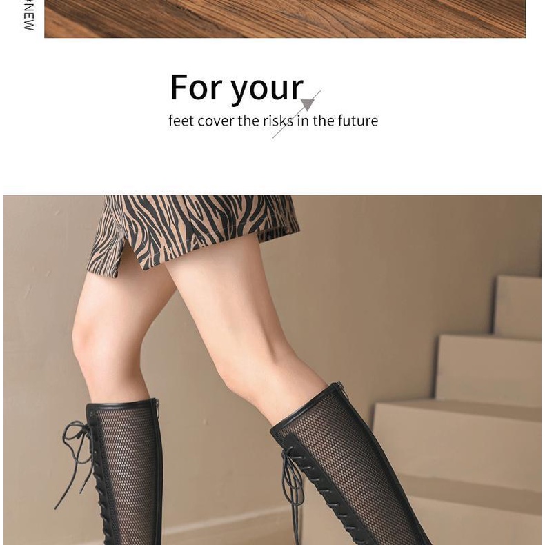 Giày Bốt Đen Cổ Cao Đế Dày Buộc Dây Phối Lưới Thời Trang Mùa Hè 2023 Cho Nữ