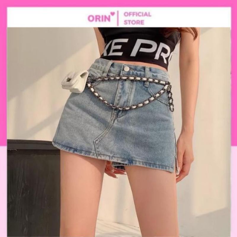 Chân váy jeans chữ A lưng cao, Short giả váy có lót trong cạp cao