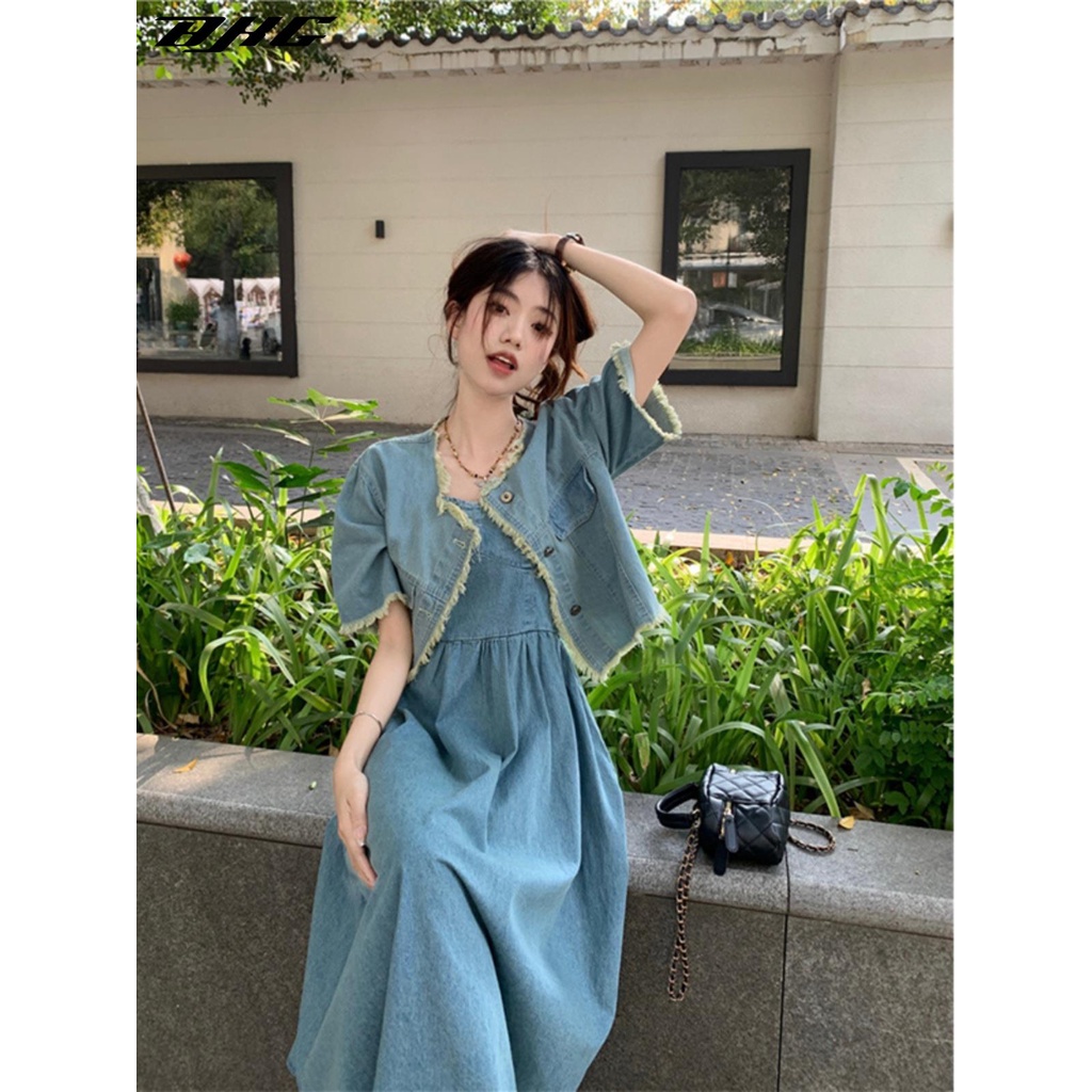 Set đồ BJHG WAVW gồm áo sơ mi denim tay ngắn phối đầm hai dây tua rua phong cách mùa hè 2023 cho nữ (có bán lẻ)