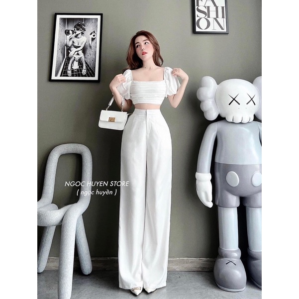 Set đũi foh quần ống rộng xếp ngực tay phồng