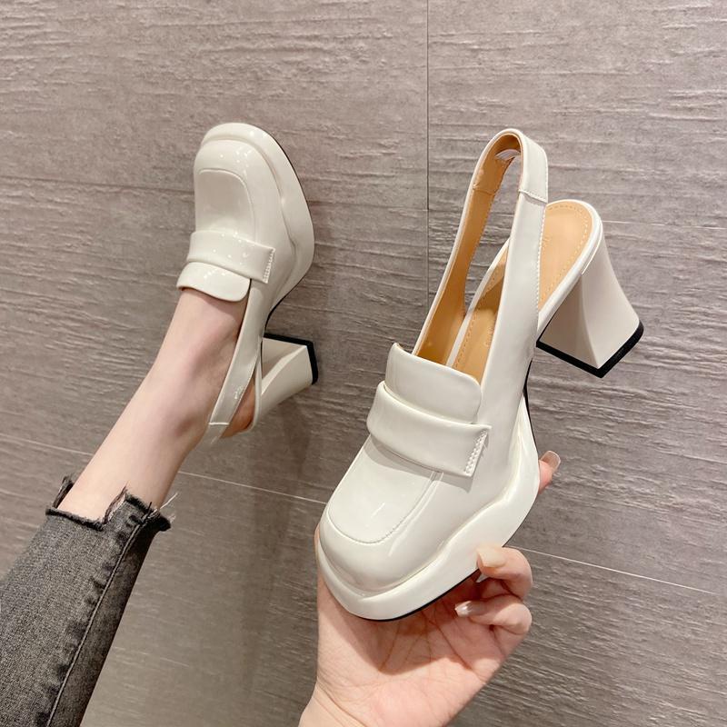 Giày Sandal Cao Gót Da Bóng Mũi Vuông 2 Lớp Chống Nước Thời Trang Xuân Hè Cho Nữ