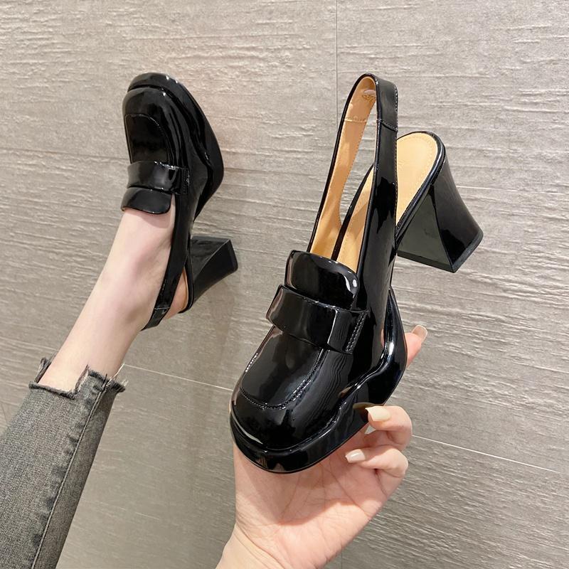 Giày Sandal Cao Gót Da Bóng Mũi Vuông 2 Lớp Chống Nước Thời Trang Xuân Hè Cho Nữ