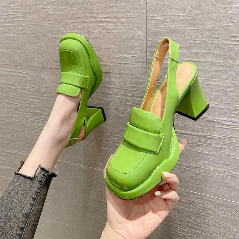 Giày Sandal Cao Gót Da Bóng Mũi Vuông 2 Lớp Chống Nước Thời Trang Xuân Hè Cho Nữ
