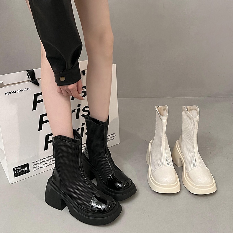 Giày Bốt Martin Phối Lưới Thoáng Khí Mũi Vuông Thời Trang Mùa Hè 2023 Mới Cho Nữ