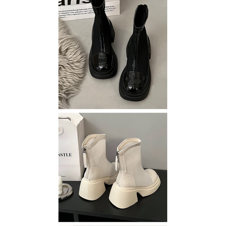 Giày Bốt Martin Phối Lưới Thoáng Khí Mũi Vuông Thời Trang Mùa Hè 2023 Mới Cho Nữ