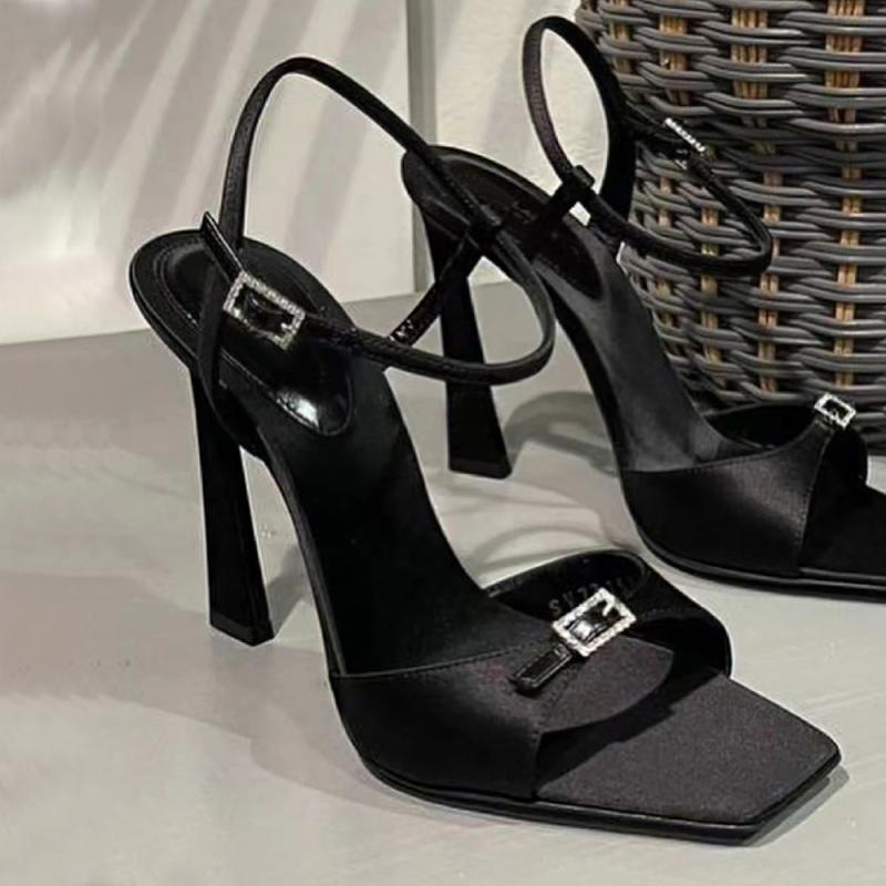 Giày Cao Gót Mũi Vuông Đính Đá Màu Đen Thời Trang Xuân 2023 Sang Trọng Cho Nữ