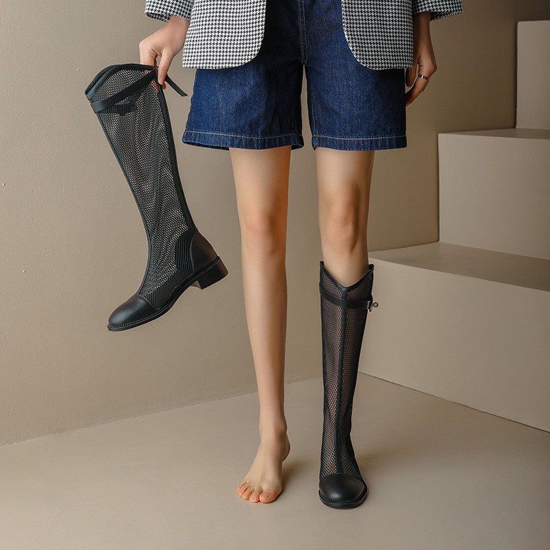 Giày Bốt Lưới Rỗng Cổ Cao Đến Đầu Gối Thời Trang Mùa Hè 2022 Kiểu Mới Phong Cách Retro