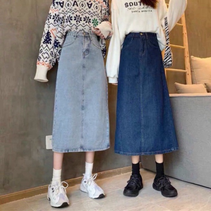 Chân váy Jean dáng cao nữ Cạp Cao Xẻ sau qua gối hot trend