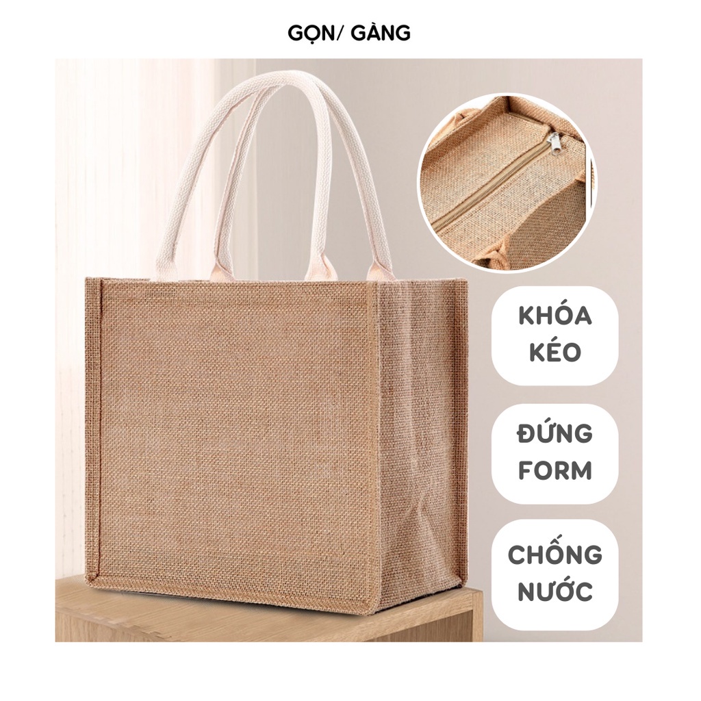 ◑Túi cói có khoá kéo trơn form cứng vintage túi cói đi biển đi làm màu trơn chống nước có quai đeo xách mềm xách
