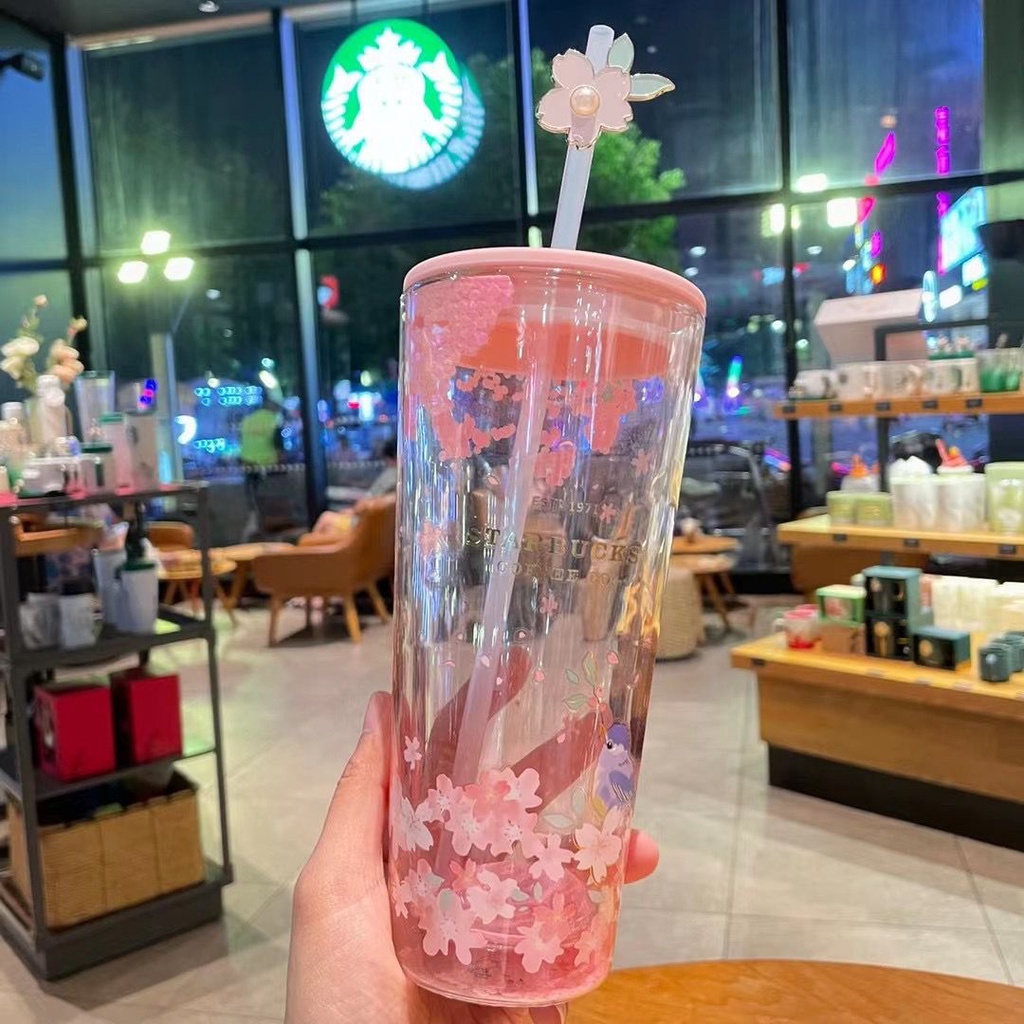 STARBUCKS Bình Nước Thủy Tinh Giữ Nhiệt Họa Tiết Hoa Anh Đào Màu Hồng Xinh Xắn