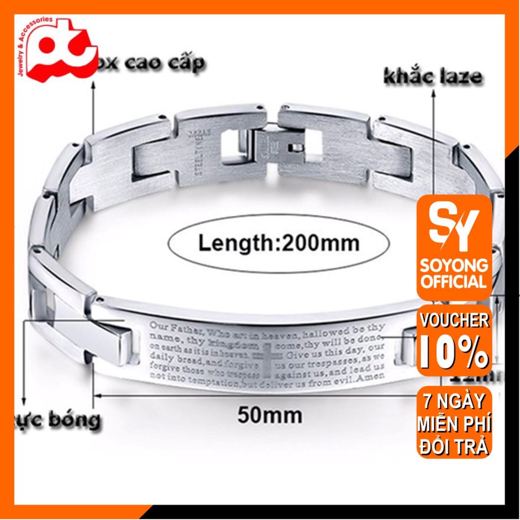Lắc tay nam inox thời trang kiểu chạm thánh giá soyong kích cỡ 12mm màu trắng thép không gỉ PTLTNA71