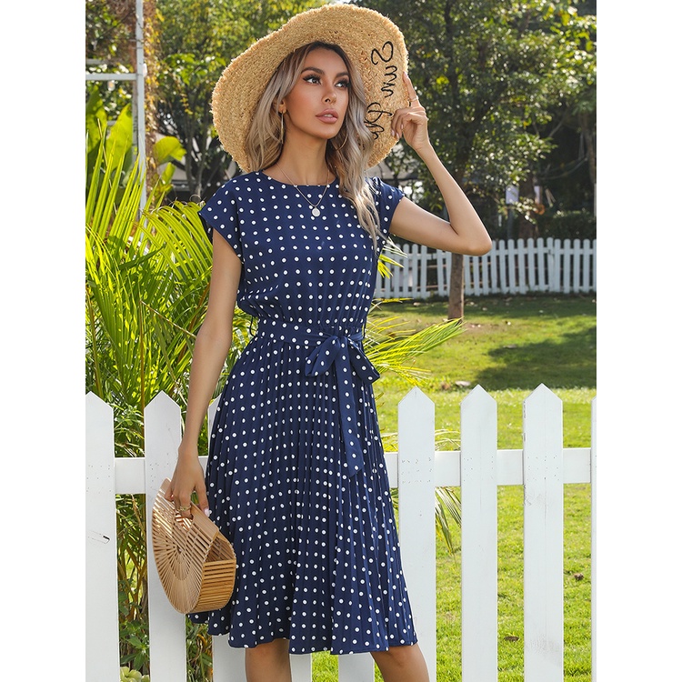 ราคาต่ำสุดJIM & NORA Đầm Xòe Đi Biển Cho Nữ Đầm Midi Thường Ngày Xếp Ly Eo Cao Thanh Lịch Họa Tiết Chấm Bi Tay Ngắn