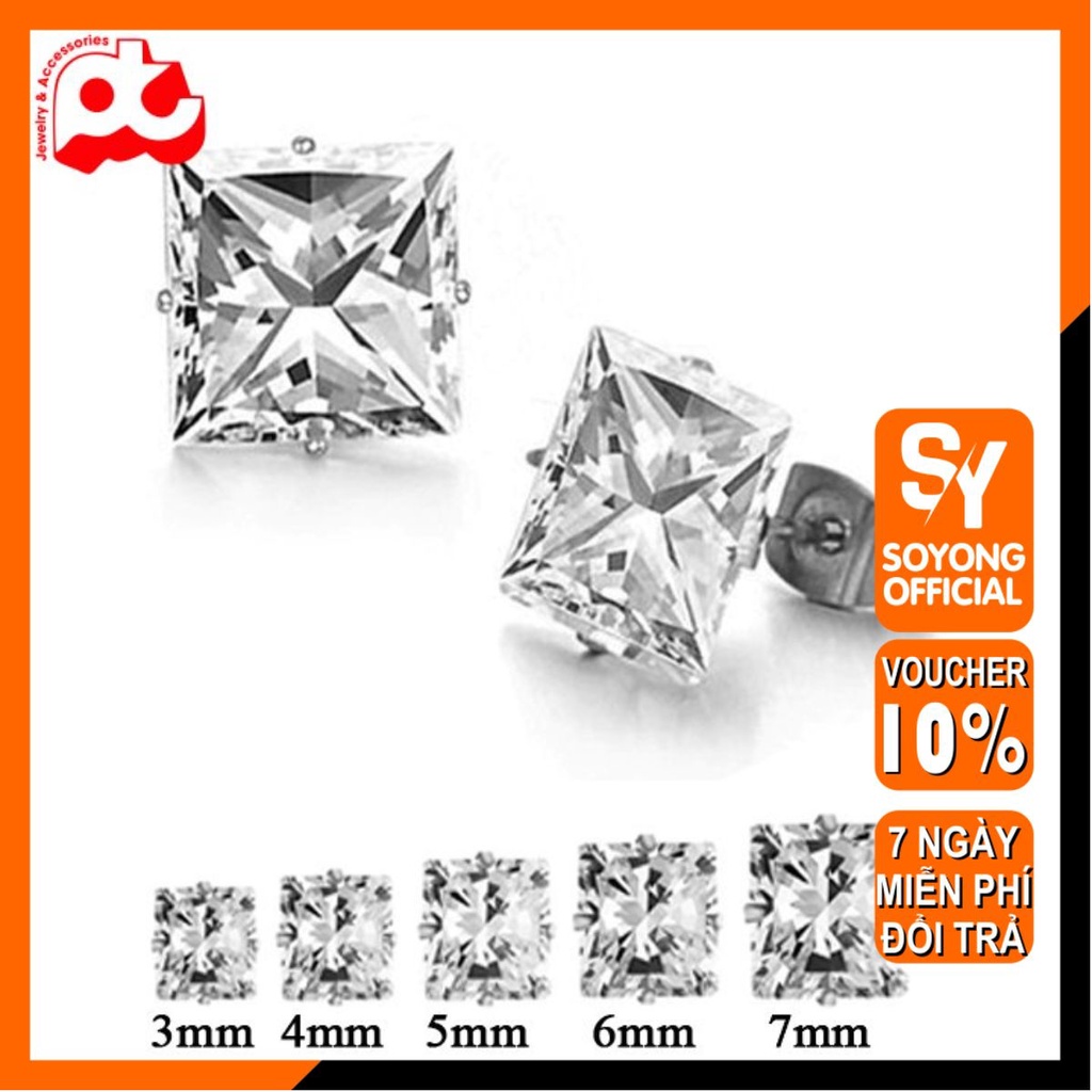 Bông tai nam inox cao cấp thời trang rẻ đẹp 1 cặp đá vuông trắng bấm lỗ tai soyong nhiều kích cỡ màu trắng PTBTNA20