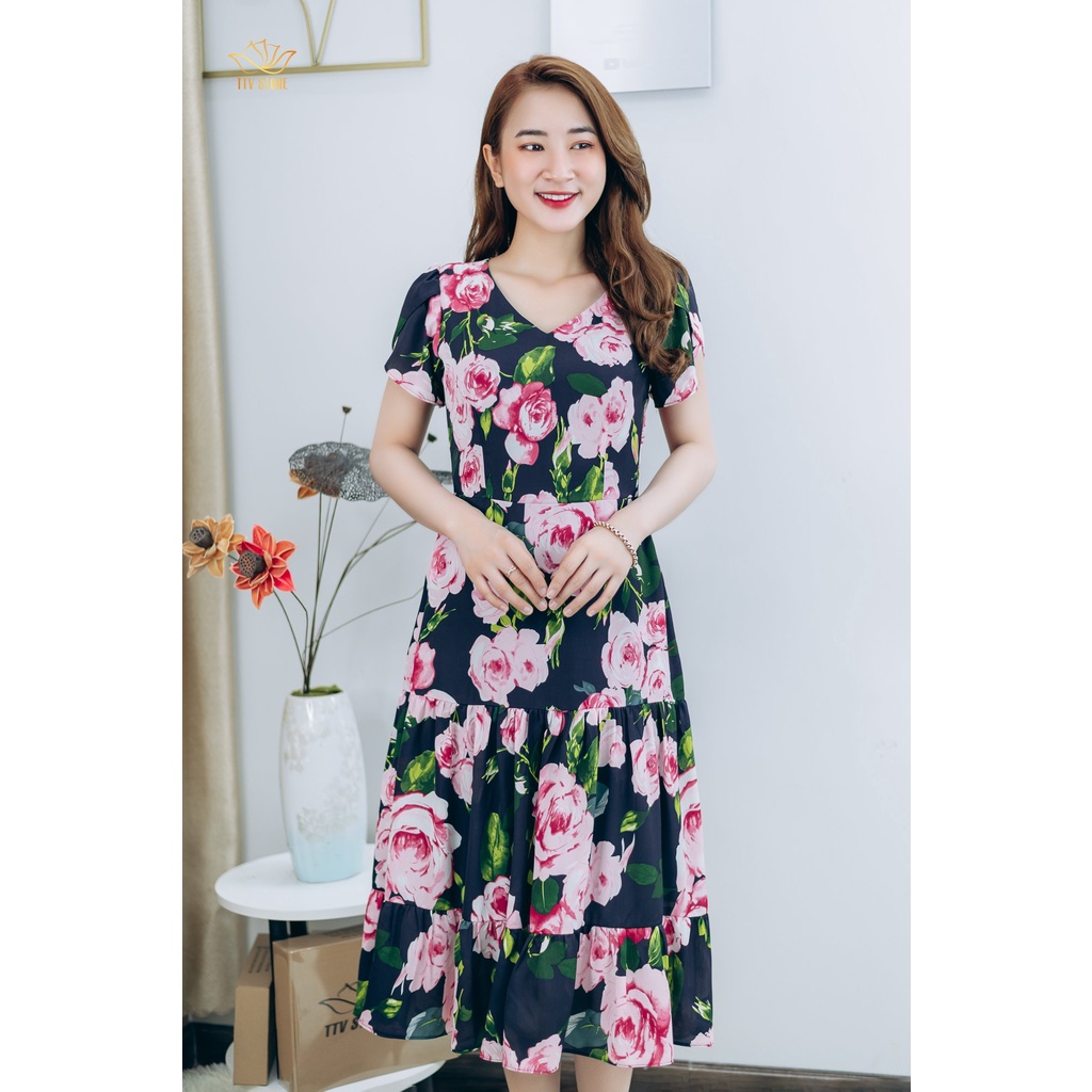 Đầm maxi trung niên thiết kế TTV1317 Cổ tim tay ngắn màu Xanh hoa hồng trẻ trung đi chơi đi tiệc