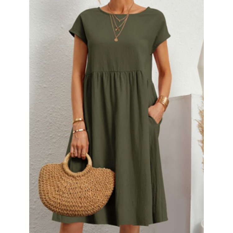 มั่นใจได้ว่าจะซื้อ Đầm Midi Thời Trang Thanh Lịch Đầm N Cotton Cổ Tròn Tay Ngắn Mùa Hè Cho Nữ Đầm Chữ A Có Túi Màu Trơn