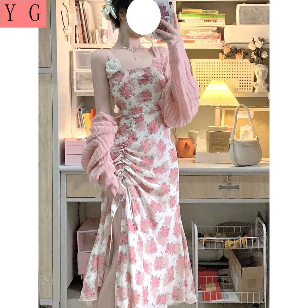 Set Đầm Hoa Hai Dây Đuôi Cá + Áo Khoác Cardigan Dệt Kim Thời Trang Xuân Hè 2023 Phong Cách Mới