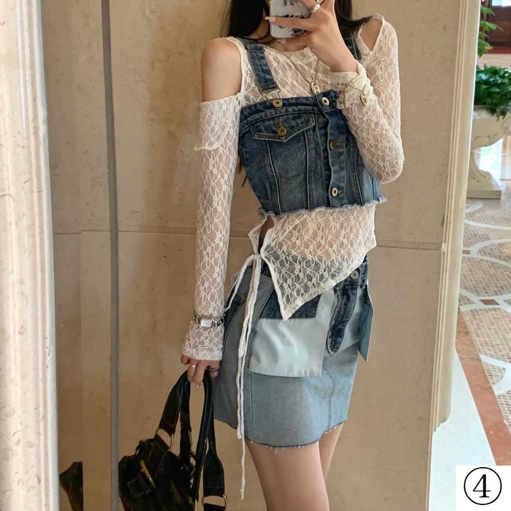 Set Áo Denim Không Tay Phối Ren Và Áo Hai Dây Phong Cách Cổ Điển Thanh Lịch Dành Cho Nữ