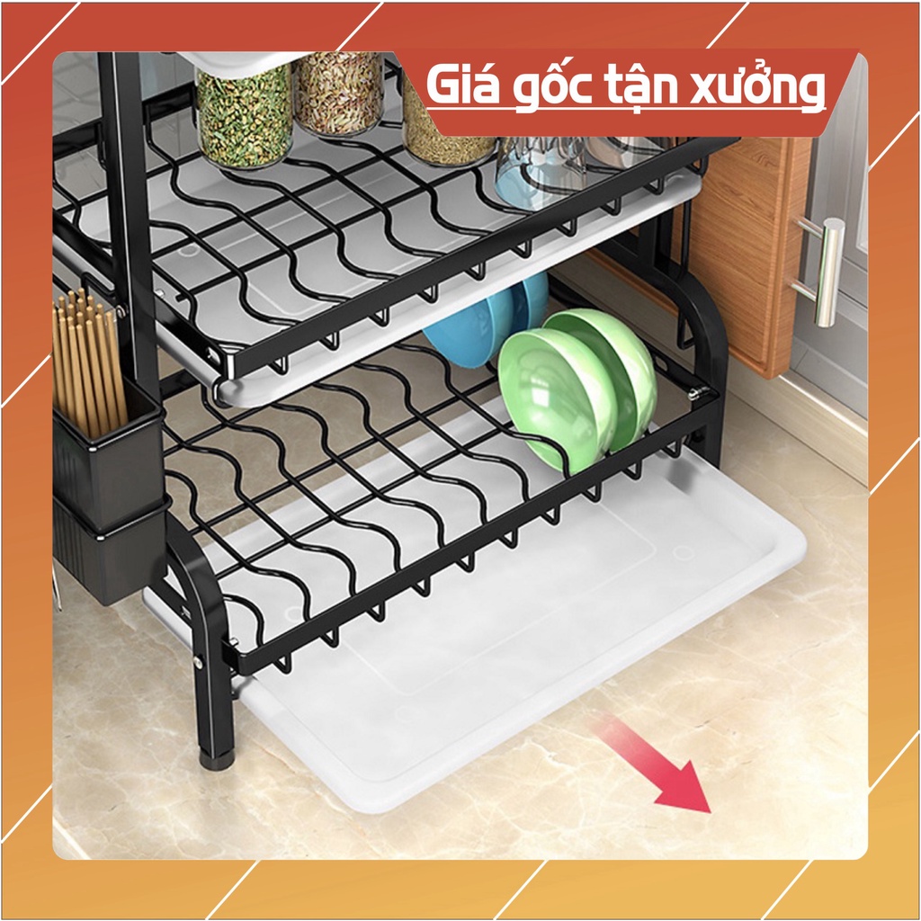 Giá để bát đĩa 2 tầng, kệ chạn úp chén đũa đa năng kèm 2 khay hứng nước