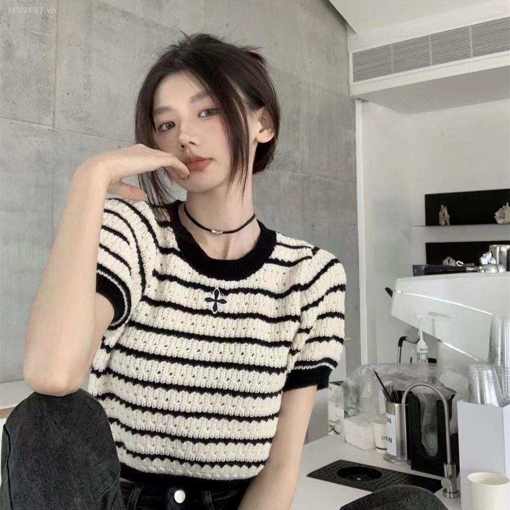 Áo Thun Dệt Kim Ôm Dáng Cổ Tròn Họa Tiết Kẻ Sọc Trắng Đen Phong Cách Hàn Quốc Thời Trang Mùa Hè Dành Cho Nữ