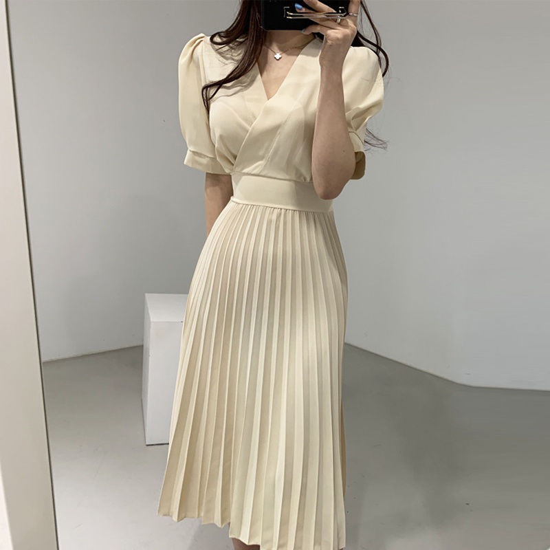 000 คน Đầm Midi Voan Bodycon Xếp Ly Cổ Chữ V Dáng Ôm Thanh Lịch Cổ Điển Cho Nữ Công Sở Mùa Hè 2023