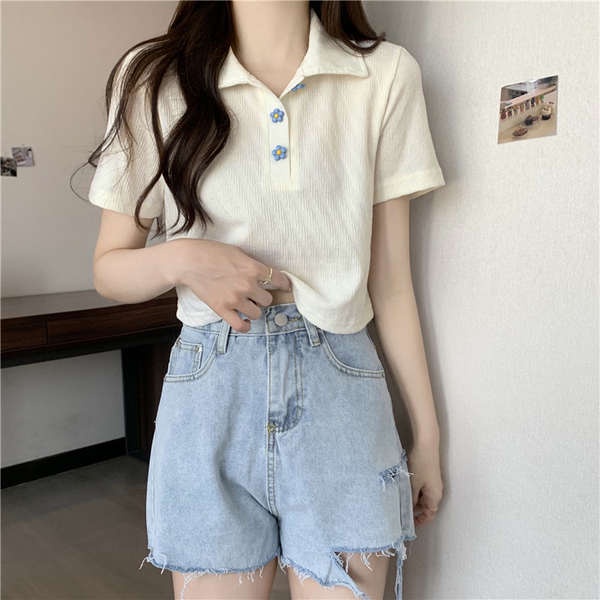▼ins siêu cháy Polo áo thun ngắn tay áo thun nữ mùa hè cao eo hở rốn ngắn hàng trăm đáp chic cảng vị ngọt ng