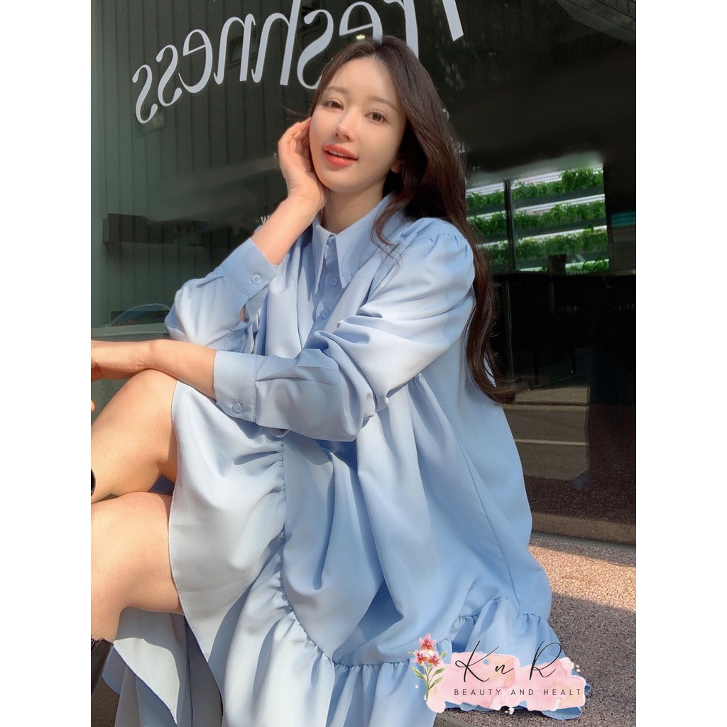 Đầm babydoll cổ sơ mi tiểu thư màu xanh ngọc tay dài, kiểu Hàn Quốc