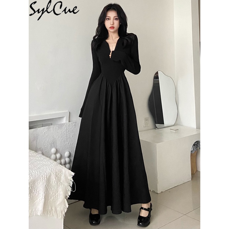 ของแท้ 100 %Sylcue Đầm Xếp Ly Dài Tay Dự Tiệc Tối Cho Nữ Thanh Lịch Sang Trọng Trang Trọng Bí Ẩn Nữ Hoàng Rực Rỡ Độc Đoá