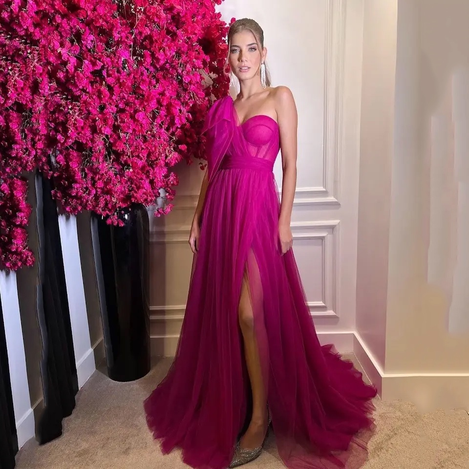กระแสน้ำ Váy Dạ Hội Fuschia Vải Tuyn Chữ A FDHAOLU ĐầM Dạ HộI Nữ Dài Xẻ Một Bên Vai Xẻ Sàn Váy Dài Trang Trọng Dịp Lễ
