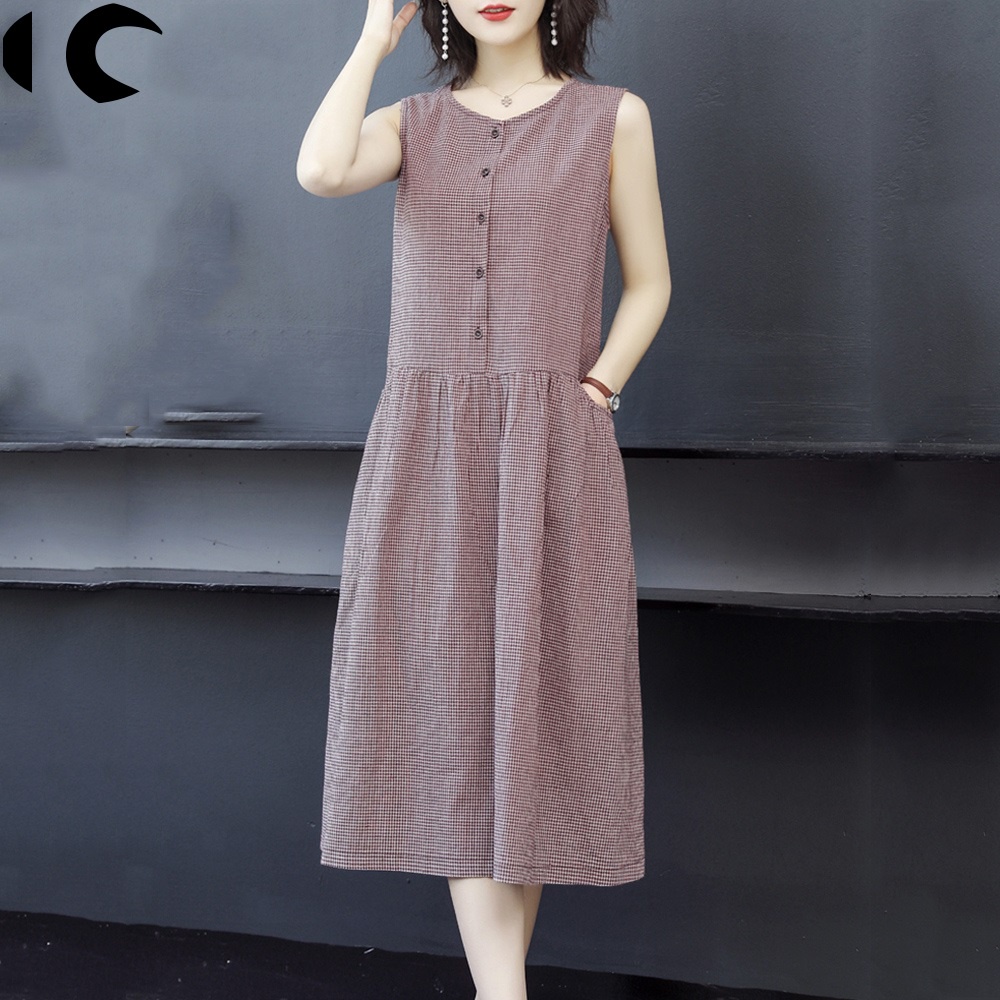 Đầm Cotton Nguyên Chất Dáng Chữ a Không Tay Ôm Eo Họa Tiết Kẻ Sọc Caro Phong Cách Mới 2022 Cho Nữ