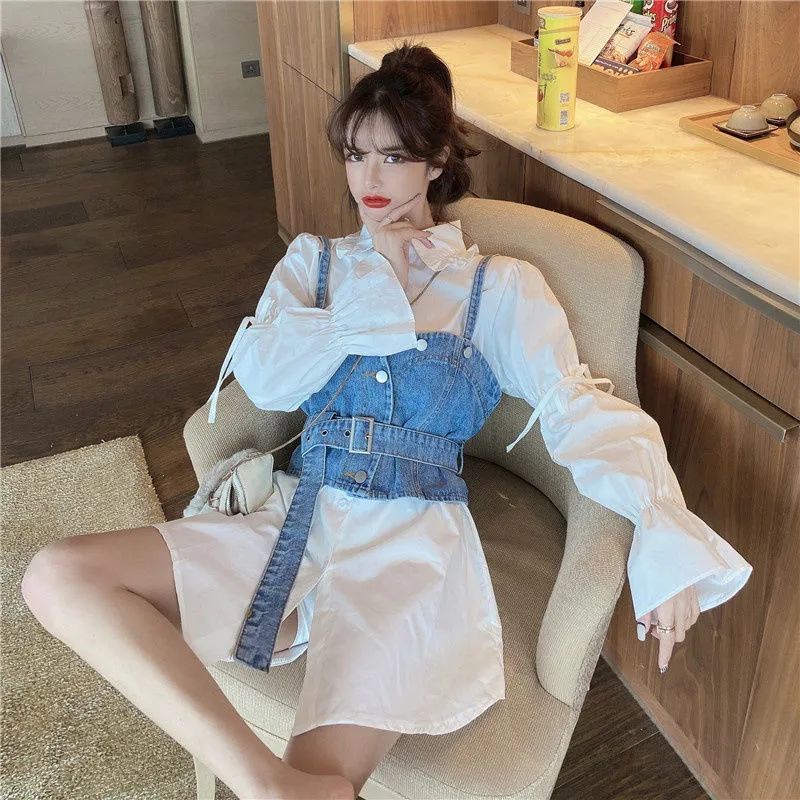 Set Áo Sơ Mi Và Váy Yếm Denim Phong Cách Hàn Quốc Thời Trang Mùa Xuân 2023 Mới Cho Nữ