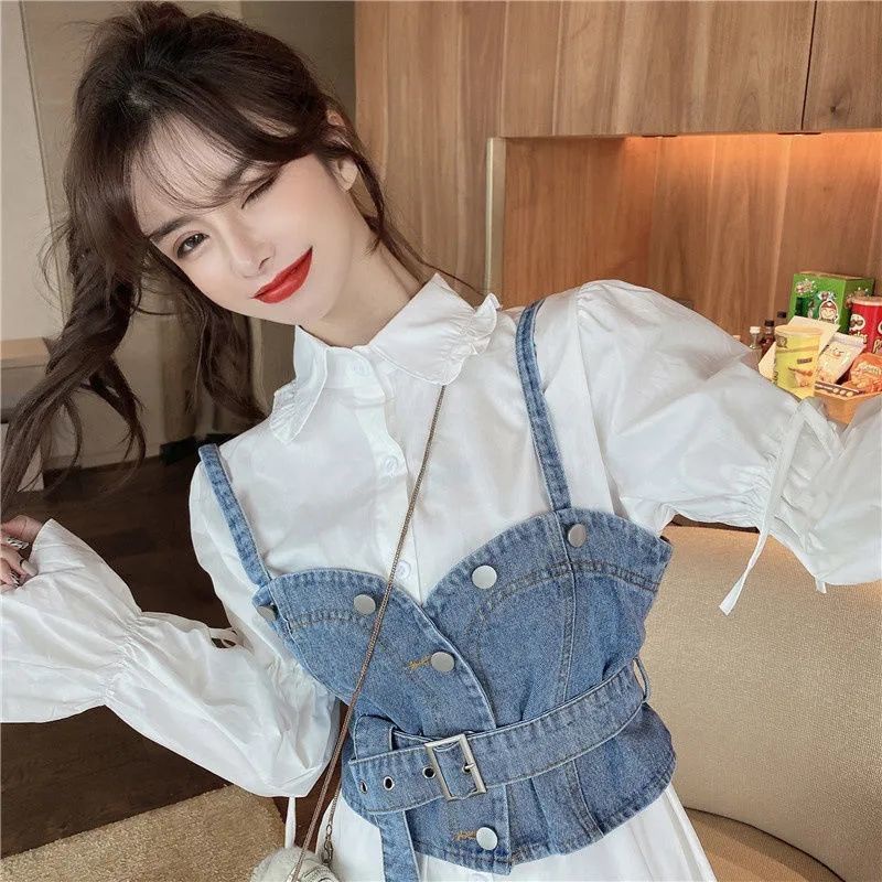 Set Áo Sơ Mi Và Váy Yếm Denim Phong Cách Hàn Quốc Thời Trang Mùa Xuân 2023 Mới Cho Nữ