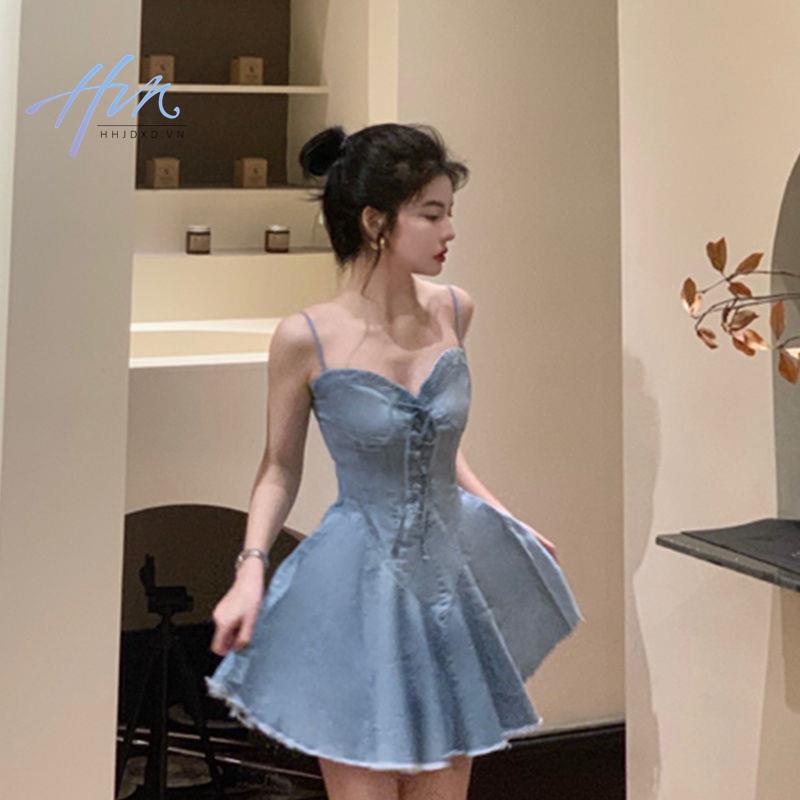 Đầm Denim Mùa Xuân 2023 Thiết Kế Mỏng Cột Dây Phong Cách Pháp Ngọt Ngào Cho Nữ