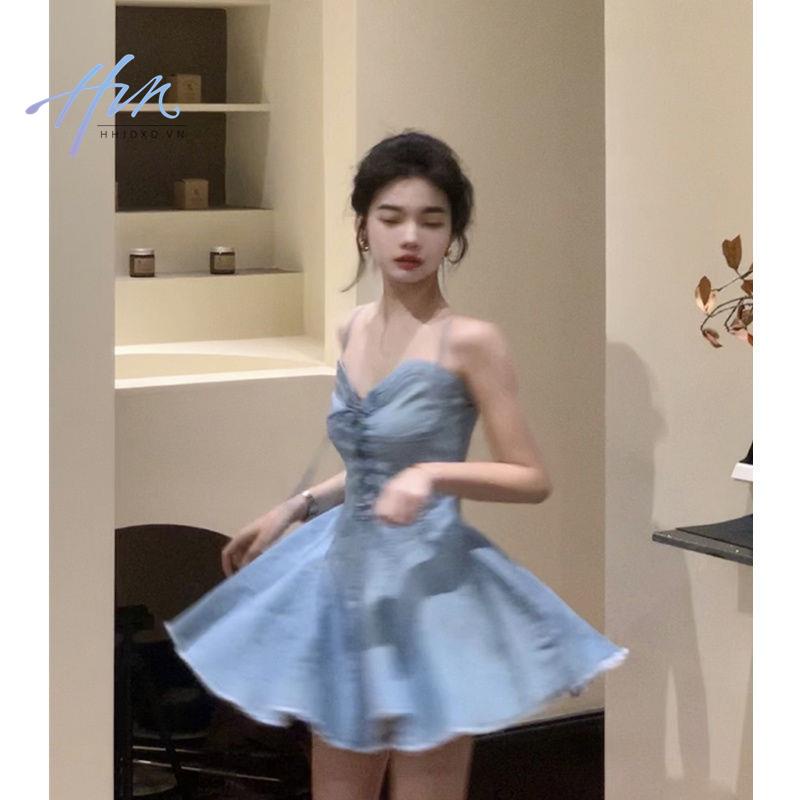 Đầm Denim Mùa Xuân 2023 Thiết Kế Mỏng Cột Dây Phong Cách Pháp Ngọt Ngào Cho Nữ