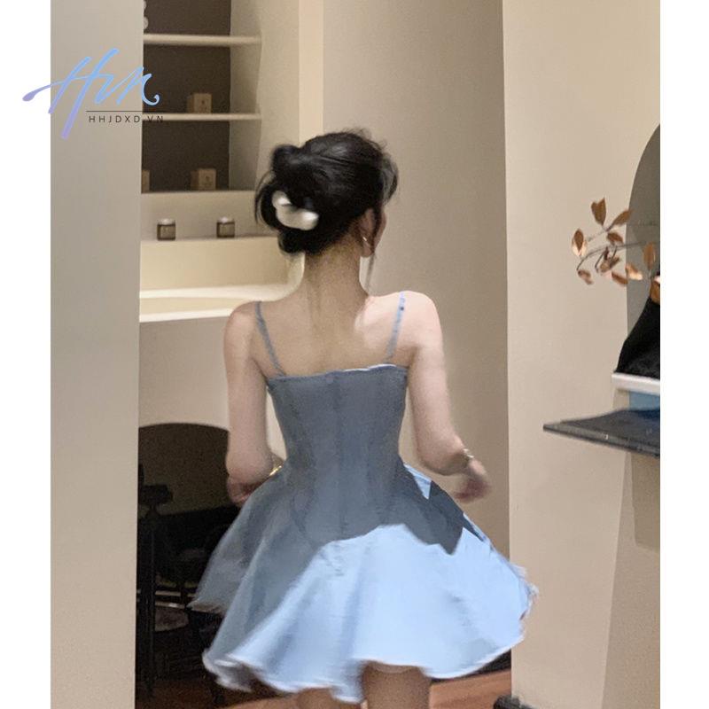 Đầm Denim Mùa Xuân 2023 Thiết Kế Mỏng Cột Dây Phong Cách Pháp Ngọt Ngào Cho Nữ