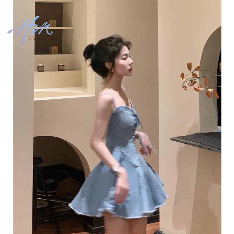 Đầm Denim Mùa Xuân 2023 Thiết Kế Mỏng Cột Dây Phong Cách Pháp Ngọt Ngào Cho Nữ