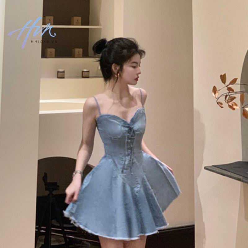Đầm Denim Mùa Xuân 2023 Thiết Kế Mỏng Cột Dây Phong Cách Pháp Ngọt Ngào Cho Nữ