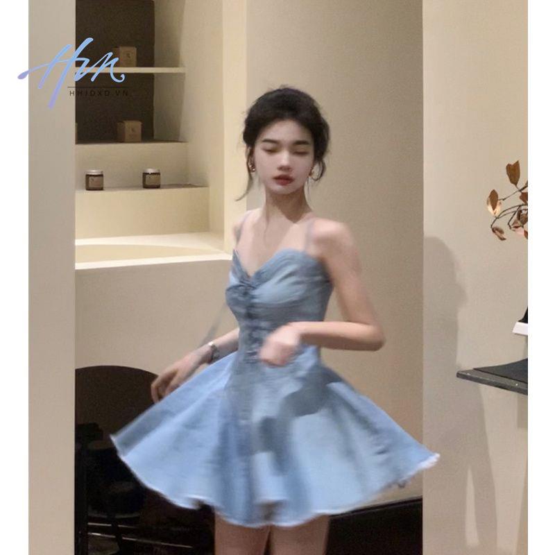 Đầm Denim Mùa Xuân 2023 Thiết Kế Mỏng Cột Dây Phong Cách Pháp Ngọt Ngào Cho Nữ