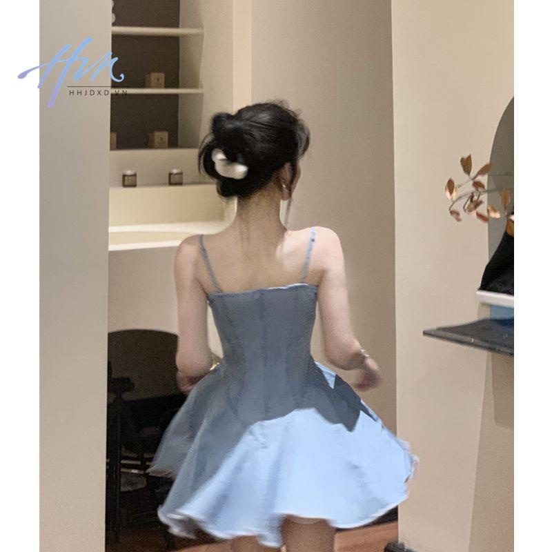 Đầm Denim Mùa Xuân 2023 Thiết Kế Mỏng Cột Dây Phong Cách Pháp Ngọt Ngào Cho Nữ