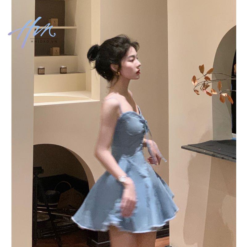 Đầm Denim Mùa Xuân 2023 Thiết Kế Mỏng Cột Dây Phong Cách Pháp Ngọt Ngào Cho Nữ