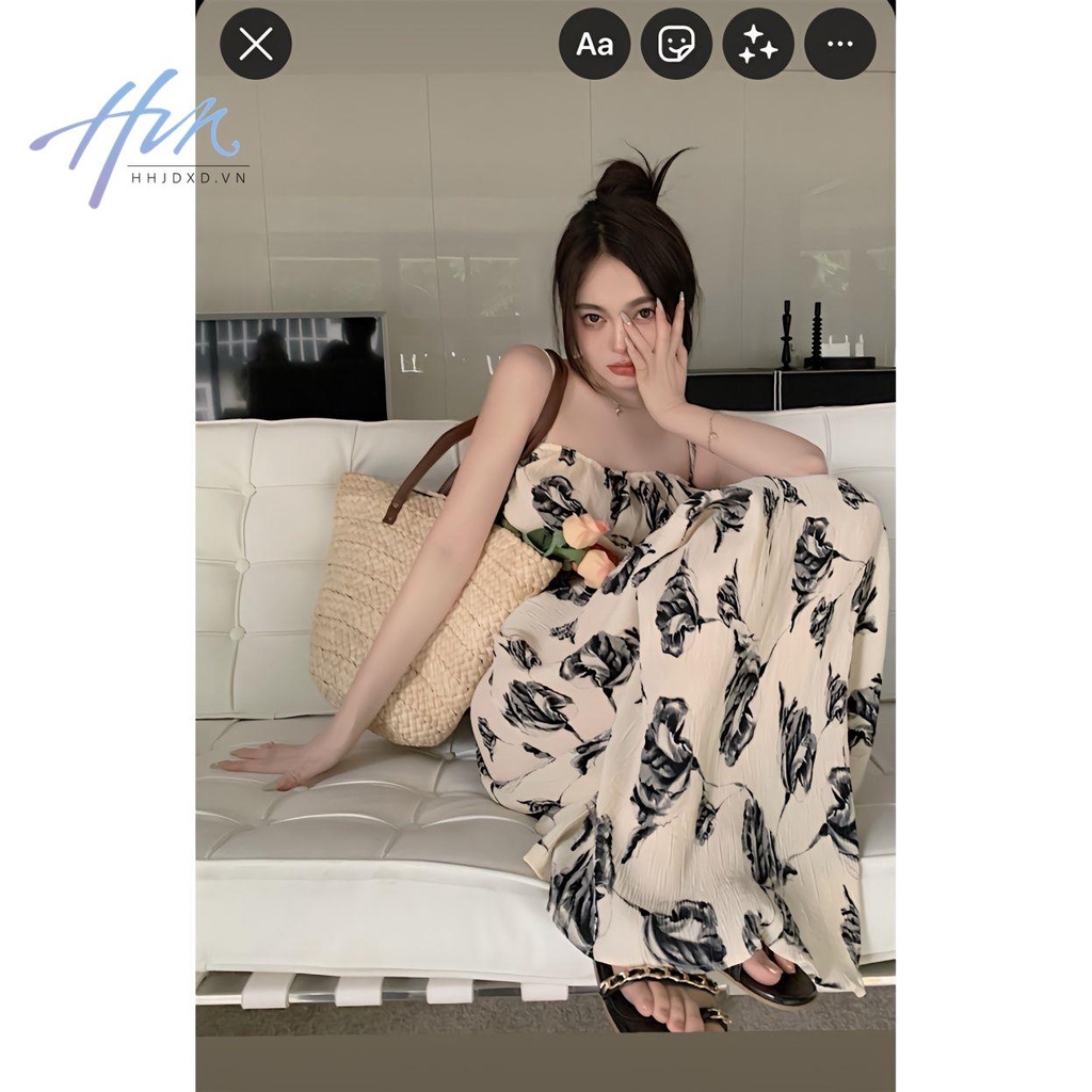 Đầm Hai Dây Dài Qua Gối Dáng Rộng In Họa Tiết Mực Cao Cấp Phong Cách Pháp Thời Trang Mùa Hè Cho Nữ